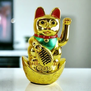 Maneka-neko cat waves its paw at the cup of wealth (21x12.7x9 cm)
