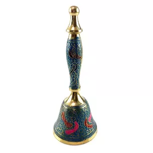 A bell with a handle with a drawing of a bronze peacock on a blue background (18x7.6 cm)