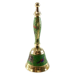 A bell with a handle with a drawing of a bronze peacock on a green background (18x7.6 cm)