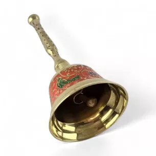 Колокольчик с ручкой с рисунком бронзовый павлины на оранжевом фоне (12,5х6 см)