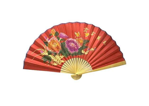Фото 1 - Bamboo fan with silk Peonies on a red background (50 cm in a spread of 85x50 cm)