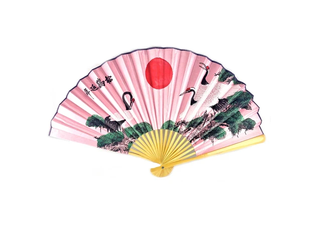 Фото 1 - Bamboo fan with silk Cranes on a pink background