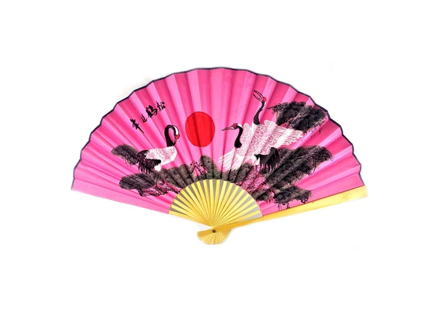 Фото 1 - Bamboo fan with silk Cranes on a dark pink background