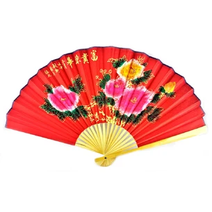 Bamboo fan with silk Peony on a red background.