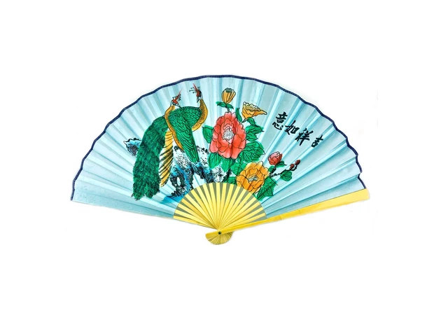 Фото 1 - Bamboo fan with Peacock silk on a blue background (50 cm in a spread of 85x50 cm)