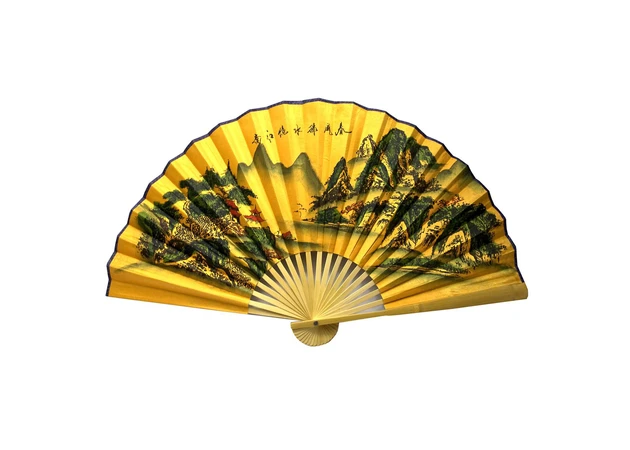 Фото 1 - Fan bamboo with silk Landscape on a yellow background (50 cm in a spread of 85x50 cm)