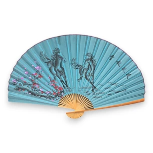 Wall fan Horse with sakura on a turquoise background fabric (122x6x211 cm)
