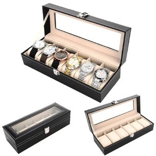 Watch box smooth black leather (30.5x11x8 cm)