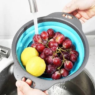 Collapsible silicone colander with handles round blue (300x240x175 mm)