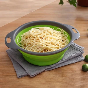 Collapsible silicone colander with handles, round green (300x240x175 mm.)