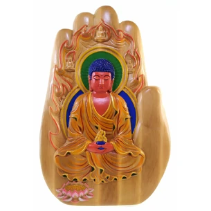 Amitabha Buddha carved panel, (27.5x41x2.5cm) solid wood, covered with patina, enamels and varnish.