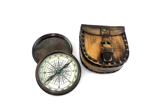 Фото 1 - Bronze compass in a Stanley London leather case (8.8x8.4x3.4 cm)