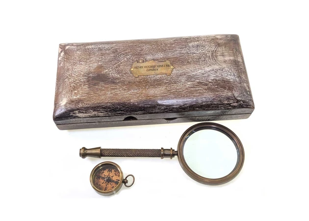 Фото 1 - Magnifying glass with a compass in a wooden case (23.5x11x4 cm) Magnifying glass (d-8cm, h-20cm.) Compass (d-3.8cm)
