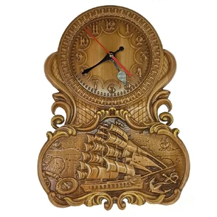 Carved panel Clocks with a sailboat, (40x29x2.2 cm), covered with patina enamels and varnish, solid wood.