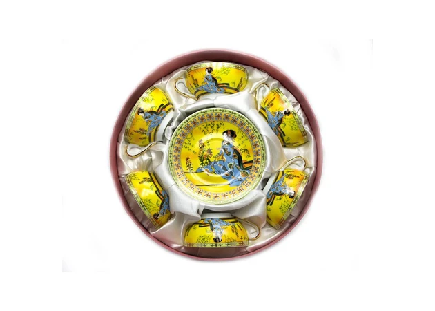 Фото 1 - Round porcelain service (70 ml) (6CCS141-4) 6 cups + 6 saucers Yellow (h-4 cm, d-7.3 cm, d saucer 11 cm)