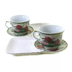 Porcelain service (170 ml) (2C1070) 2 cups + 2 saucers Peonies (h-6.5 cm, d-8.5 cm, saucer 21x12 cm)