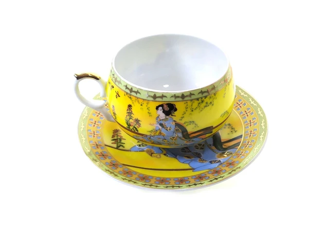 Фото 1 - Porcelain cup + saucer (210 ml) (ACS141-4) Yellow (h-6 cm, d-cups – 8cm, d-saucer – 14cm)