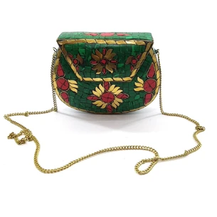 Bronze handbag with coral and turquoise green (16x12x5.5 cm)