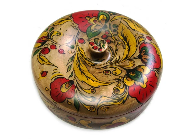 Фото 1 - The casket is round, hand-painted, linden (d - 22 cm., H - 9 cm.)