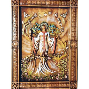 Панно Живая (40×29×2,4см), деревянное, резное, покрытое патиной, лаком, эмалями, массив дерева