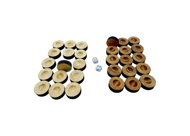 Фото 1 - Chips for backgammon (length-28mm, height-10mm) wooden, cubes included, color natural wood and brown