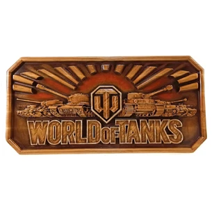 Панно World of tanks, резное, (51,5х25х2,4 см) массив дерева, покрытое патиной, эмалями и лаком.