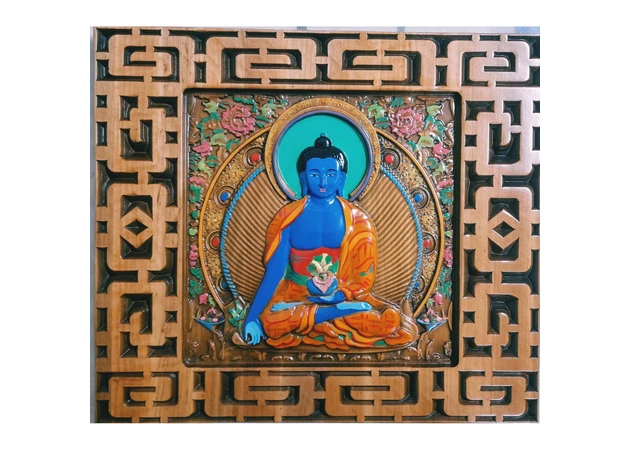 Фото 1 - Medicine Buddha panel, solid wood, carved, in a frame (40×45×2.2 cm), covered with patina, varnish, enamels,