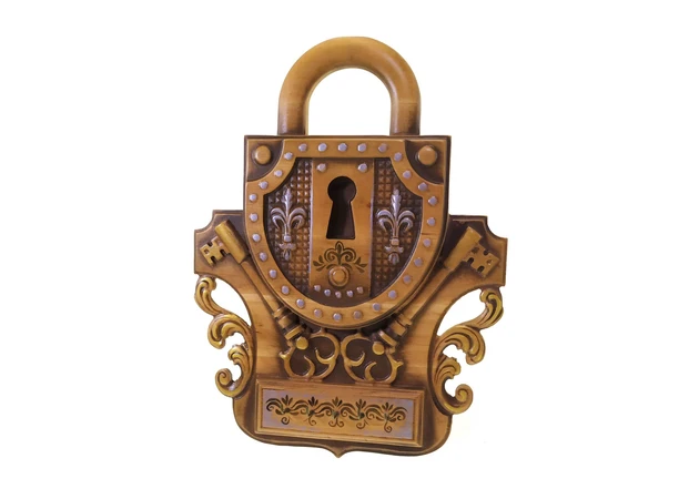 Фото 1 - Panel Lock with keys (30×22×2.2 cm) solid wood, carved, covered with patina, enamels and varnish.