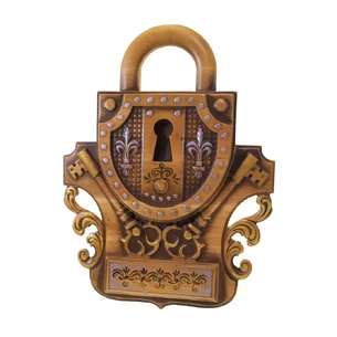 Panel Lock with keys (30×22×2.2 cm) solid wood, carved, covered with patina, enamels and varnish.