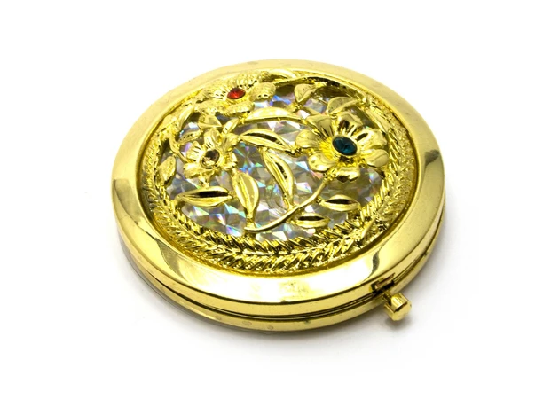 Фото 1 - Cosmetic mirror Pattern with stones gold (d-7 cm) (in a box + cover)