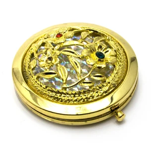 Cosmetic mirror Pattern with stones gold (d-7 cm) (in a box + cover)