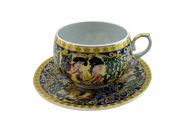 Фото 1 - Porcelain cup and saucer (210 ml) (ACS86) Green willow (h-6cm, d-cups - 8cm, d-saucer - 14cm)