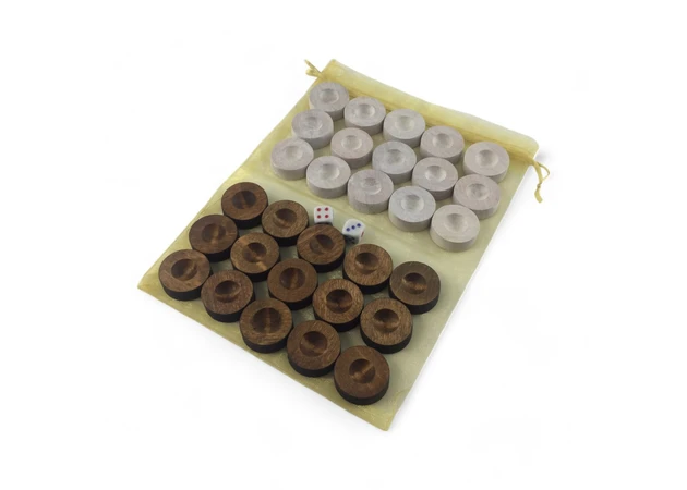 Фото 1 - Chips for backgammon with a bag (L-28mm, H-10mm) solid wood, cubes included, white and brown