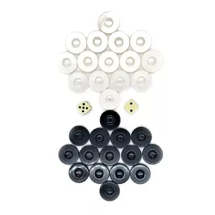 Mother-of-pearl backgammon chips (d-3.6 cm) with game cubes in a bag.
