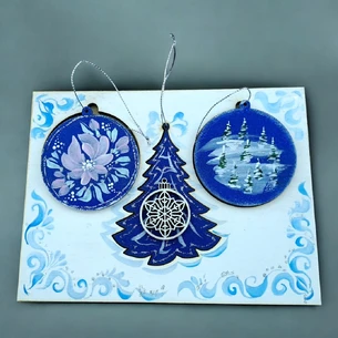 Craft Christmas card Frosty patterns (200*150*8mm). Set of 3 pendants with appliqué