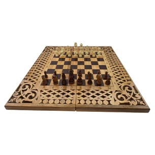 Backgammon-chess-checkers (56×28×6 cm), carved, wooden, with figures and pieces solid wood