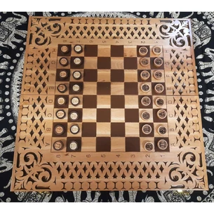 Нарди-шахи-шашки, (56×28×2,2см),різьблені,дерев'яні,з фігурами та фішками масив дерева