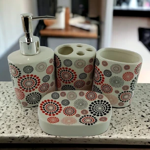 Bathroom set ceramic red and black circles.