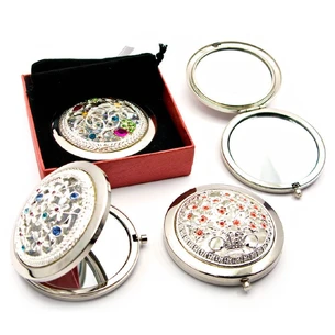 Cosmetic mirror Pattern with stones chrome (d-7 cm) (in a box + case) c