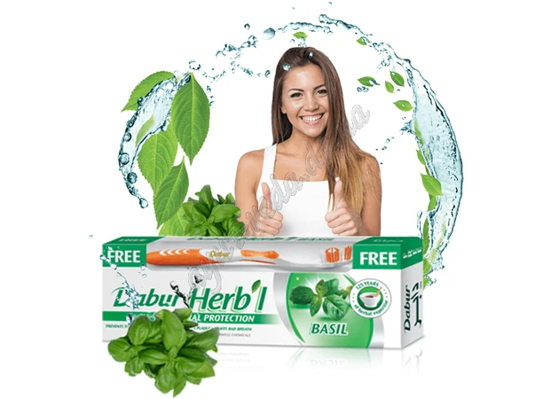 Фото 1 - Зубная паста Дабур Базилик 150г, Dabur Basil Natural Toothpaste, Базилик Зубная паста без фтора Зубная щетка в подарок! Аюрведа