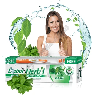 Зубна паста Дабур Базилік 150г, Dabur Basil Natural Toothpaste, Базилик Зубная паста без фтора, Зубна щітка в подарунок! Аюрведа