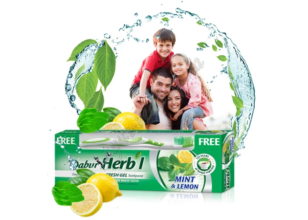 Фото 1 - Зубная паста Дабур Мята и лимон 150г фреш гель, Dabur Herb'l Mint&Lemon Fresh Gel, Зубная паста Мята и лимон, зубная щетка в по