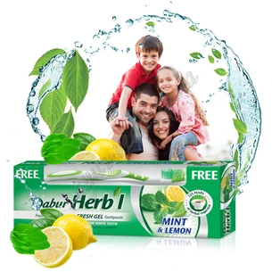 Зубна паста Дабур М'ята та лимон 150г фреш гель, Dabur Herb’l Mint&Lemon Fresh Gel, Зубная паста Мята и лимон, зубная щётка в по