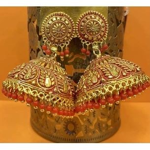 Earrings red Jhumke L.5.5 cm W-4 cm 1929500, UT-00003639, Indian earrings, Ayurveda.