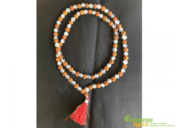 Фото 1 - Rudraksha rosaries with real rock crystal, the diameter of the beads is approximately 5-7 mm, Rudrakshas with crystal rosaries are small, Rudraksh Mala,